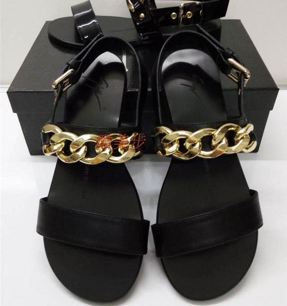 

sandals 2021 summer luxury designer women's metal chain genuine leather roman style female shoes flat beach ladies, Black
