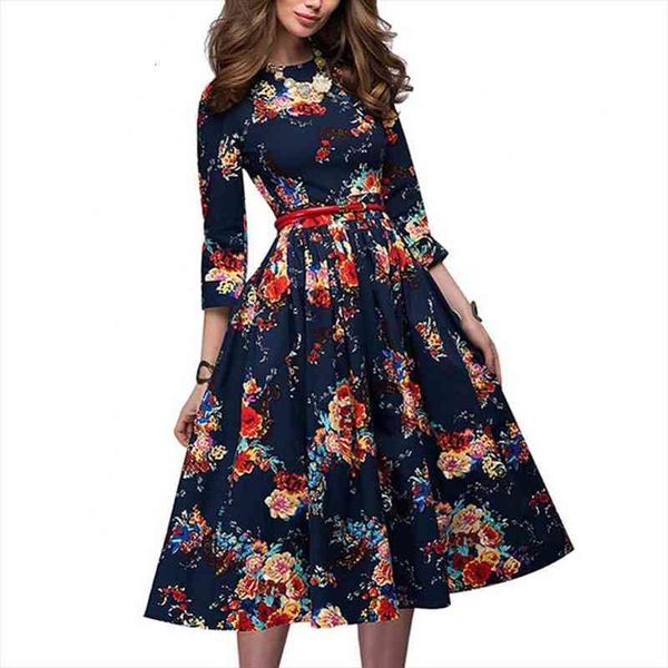 

christmas elegant midi year 2022 womens dresses vintage floral print o neck long sleeve flared party dress, Black;gray