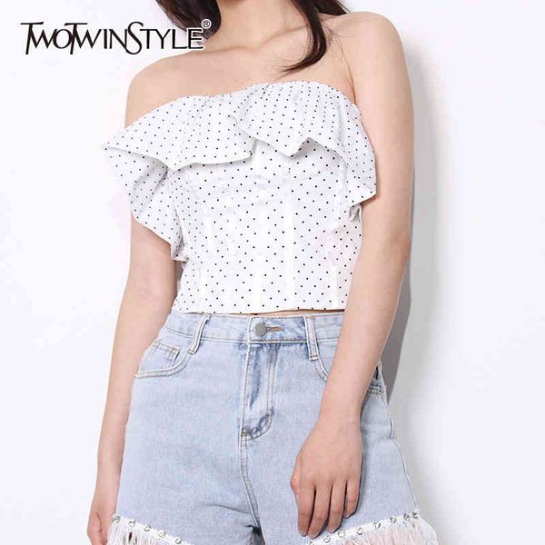 

patchwork ruffle vests for women slash neck sleeveless dot print casual tank female summer fashion 210428, White