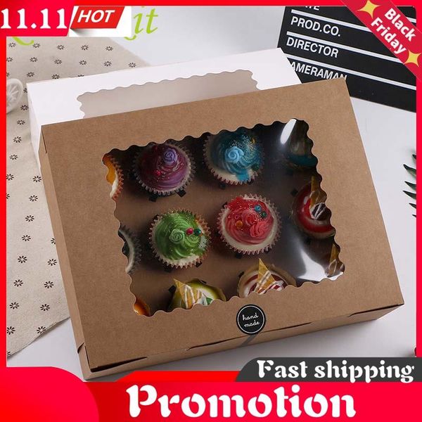 

5pcs 12 cup muffin cupcake box with cake tray kraft paper wedding birthday party dessert packaging case candy gift wrap