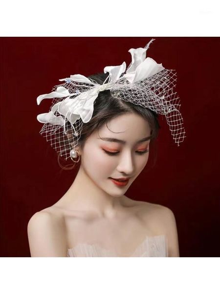 

wedding bridal hair accessories crepe petals bow mesh veil headband headdress 83xf1