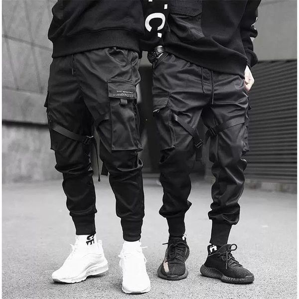 

men's shopping multi-pocket loose solid color feet overalls mid-rise hip-hop wind youth tether closed outdoor trousers pants, Black
