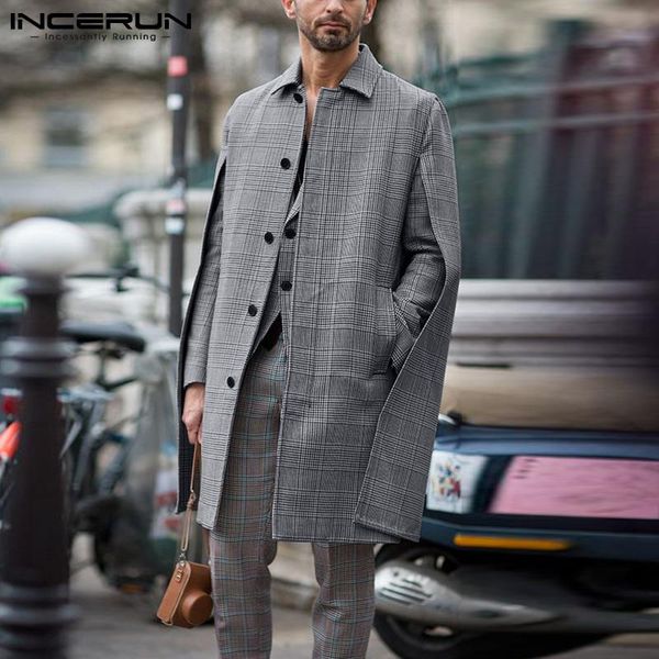 

men's trench coats 2021 men plaid cloak lapel long sleeve pockets streetwear single breasted ponchos fashion casual s-5xl incerun, Tan;black