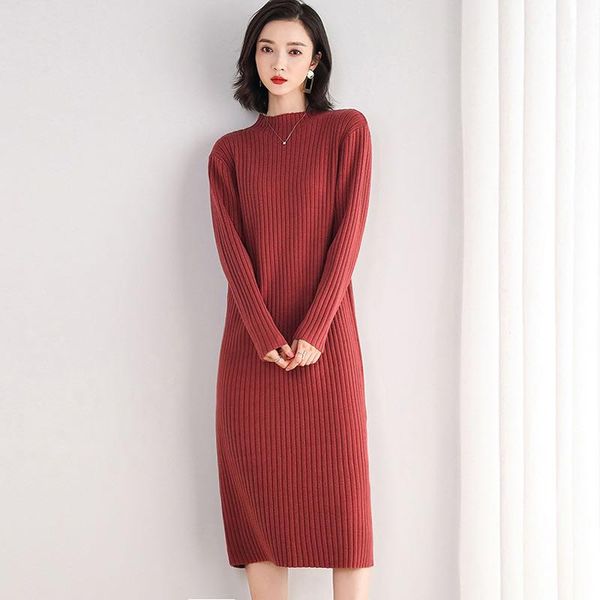 

female winter thicken knitted dress women o-neck midi sweater skater long dresses lady elegant loose pullover casual, Black;gray