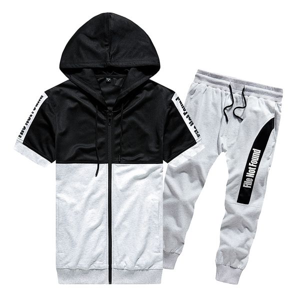 

summer mens tracksuit short cotton t-shirt + long pant two piece set, Gray