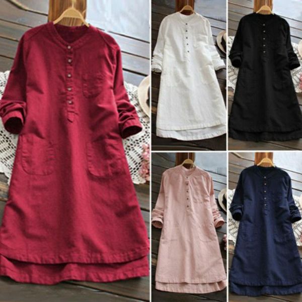 

women's t-shirt button stand collar hem asymmetrical loose long-sleeved cotton and linen long shirt, White