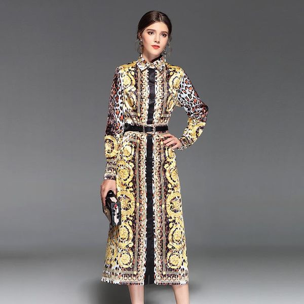 

casual dresses 2021 brand fashion retro ethnic style printing long-sleeved waist bandwidth loose temperament women's dress, Black;gray