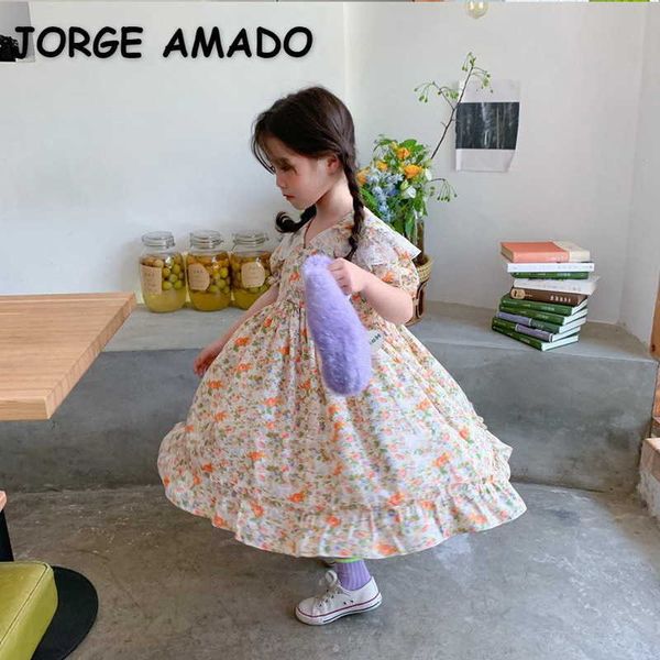 Летние подростки девочек платье кружева Питер Pan воротник цветочные принцессы платья сладкого стиля мода одежда E1024 210610