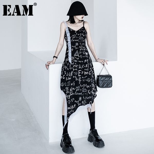 

[eam] women black spliced letter print mesh casual dress v-neck sleeveless loose fit fashion spring summer 1dd7545 210512, Black;gray