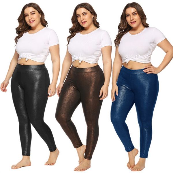 

womens leggings solid color golden sparkling sports plus size pants fashion slim-fit 5xl spring high stretch, Black