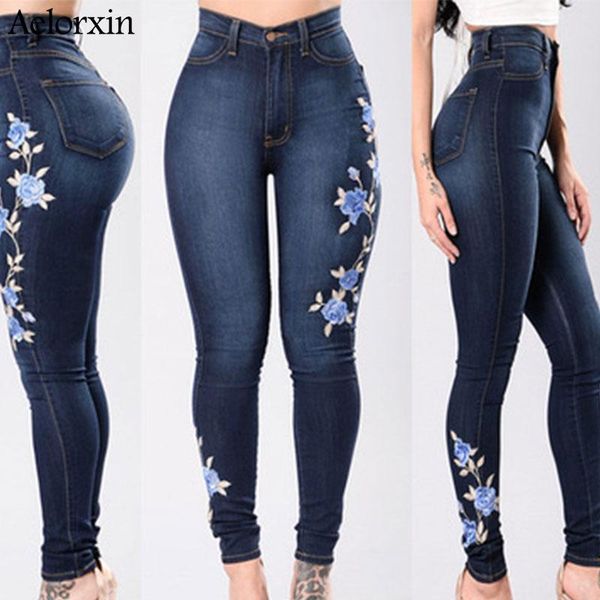 

women's jeans 2021 for women embroidery high waist woman blue denim pencil pants stretch trousers