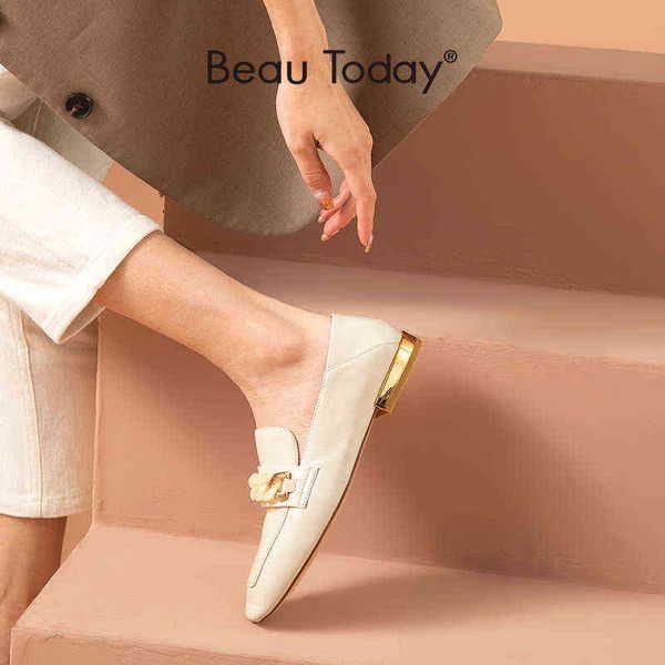 

women's square headed sheepskin slippers flat shoes with metal chain decoration 2 9, Black