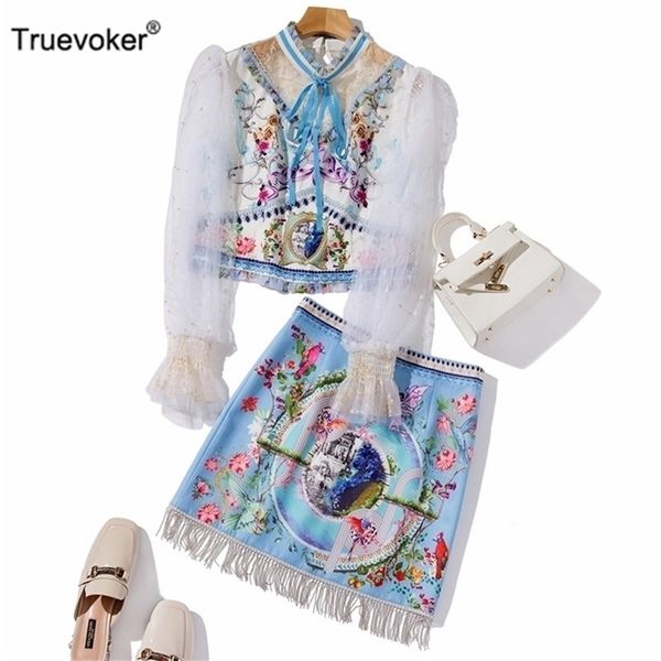 

truevoker women skirt set high end lace beading lantern sleeve print with tassel pencil two piece suit 210602, White