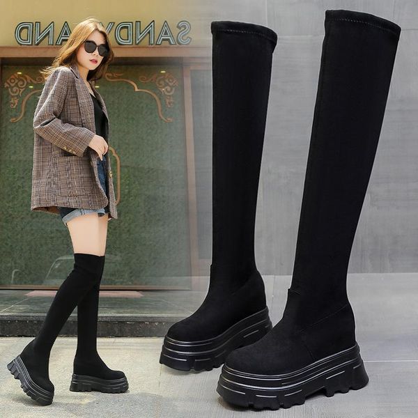 

boots platform wedge women's autumn winter thigh fashion over the knee female stretch high heel slim long, Black