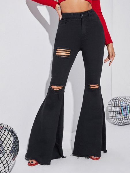 

ripped raw hem flare leg jeans t3ua#, Blue