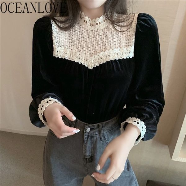 

blouse women velvet lace vintage elegant shirts korean chic autumn winter long sleeve blusas mujer 19202 210415, White