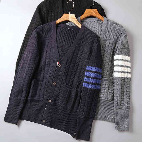 

hoodies fashion tb thom brand sweaters men slim fit v-neck cardigans clothing striped wool autumn winter thick casual coat, Black