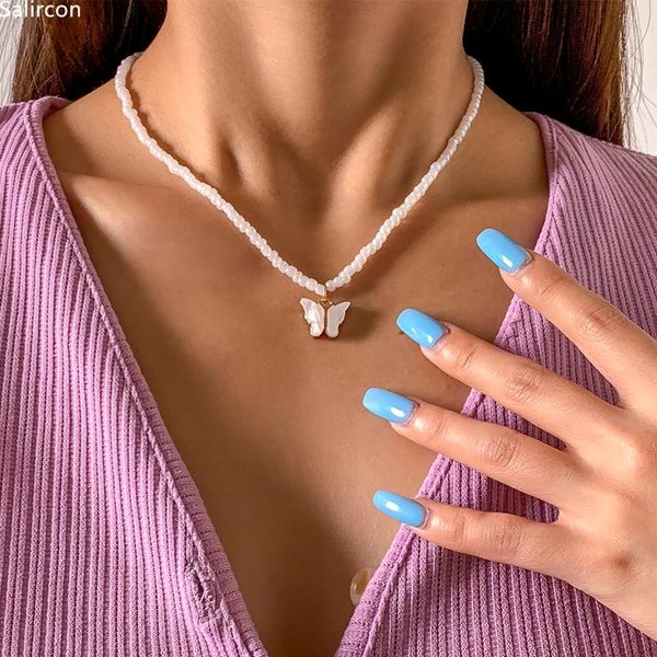 

pendant necklaces korean cute colorful butterfly necklace for women girls handmade seed bead chain bohemian jewelry gifts, Silver