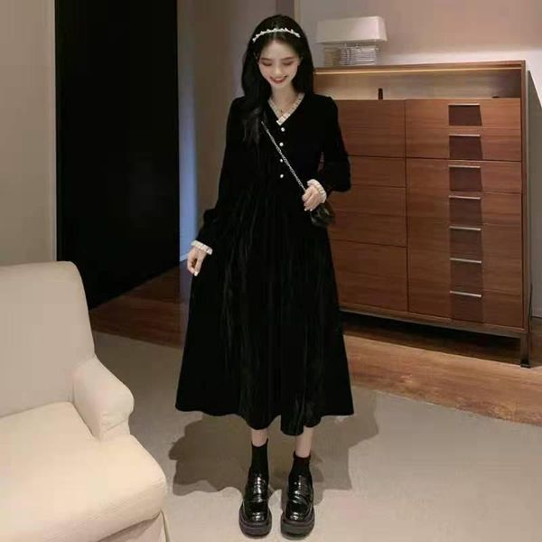 

casual dresses autumn and winter women bottoming v-neck black velvet girls' long/short, Black;gray