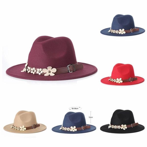 

spring women wool wide brim jazz church panama sun hats for ladies with leather flowers wool men fedora hats trilby cap trend ga, Blue;gray