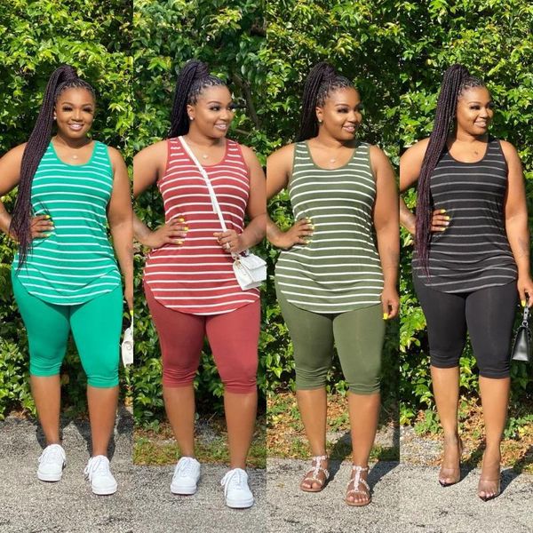 

plus size tracksuits women sets clothing for summer fashion striped sleeveless vest five point pants casual two piece suit 5xl, Black