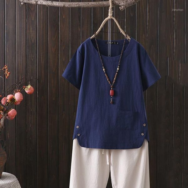

women's blouses & shirts solid color blouse women summer casual linen button short sleeve pocket shirt loose pullover camisas de mujer, White