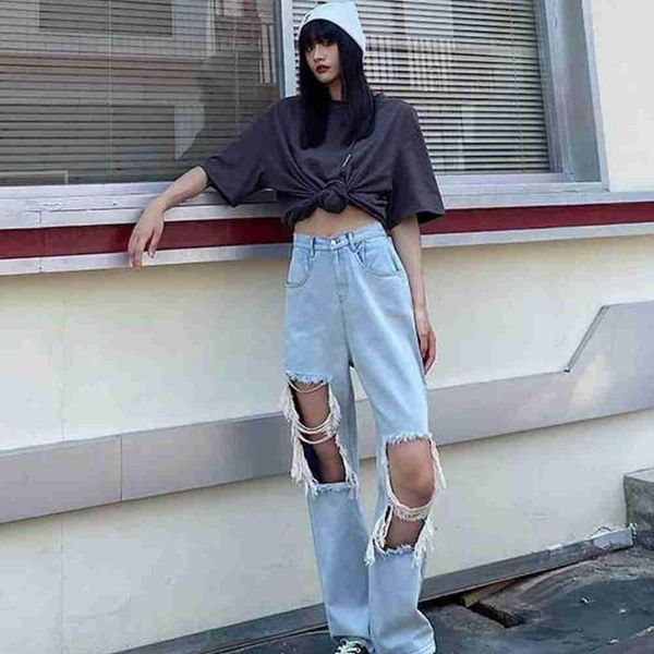 

women's jeans 2021 summer fashion women high waist casual ripped loose hip hop straight leg denim pants, Blue