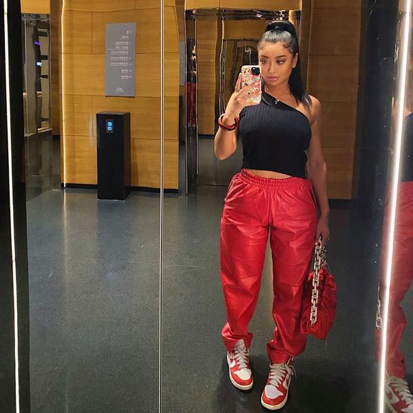 

colors kylie the same high-quality washed imitation sheepskin loose cut sports casual leather pants women's & capris, Black;white
