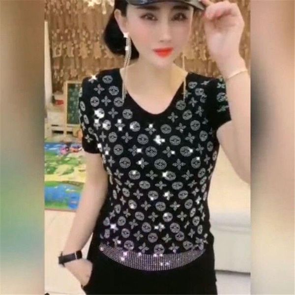 

summer rhinestone short-sleeved t-shirt female ice silk elastic v-neck shiny slim slimming western-style all-match shirt women's, White