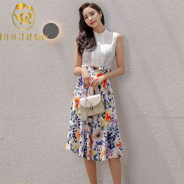 

women summer 2 pieces suits white sleeveless shirts and lace-up print skirts ol casual work wear set 210506