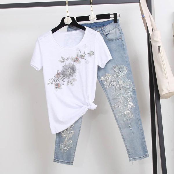 

women's two piece pants 2021 summer korean fashion white lace embroidery flower t-shirt frayed denim outfits women tee slim jeans set
