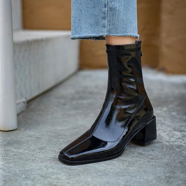 

boots genuine cow leather women's patent square toe single with mid-heel zipper fashion, Black