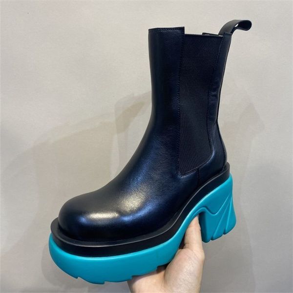 

boots genuine leather shoe flat elastic band ankle for women mixed color fashion ladies runway shoes platform round toe non-slip i, Black