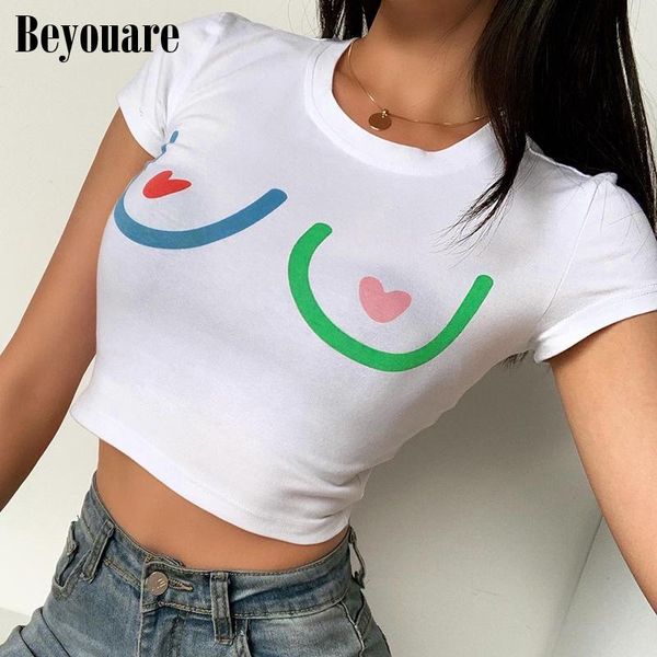 

women's t-shirt beyouare print round neck crop women summer cotton solid slim fitted simple basic casual ladies tshirts, White