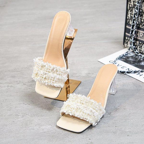 

fashion summer slippers shoes women 2021 casual high heel open toe mules chunky beaded flip flops slides sandals, Black