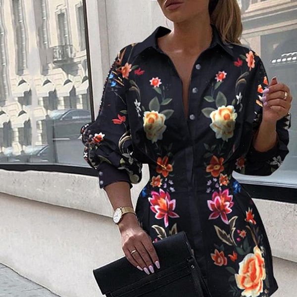 

elegant women dresses shirts autumn floral printed button thin blouse v neck long sleeve harajuku black blusas mujer, Black;gray