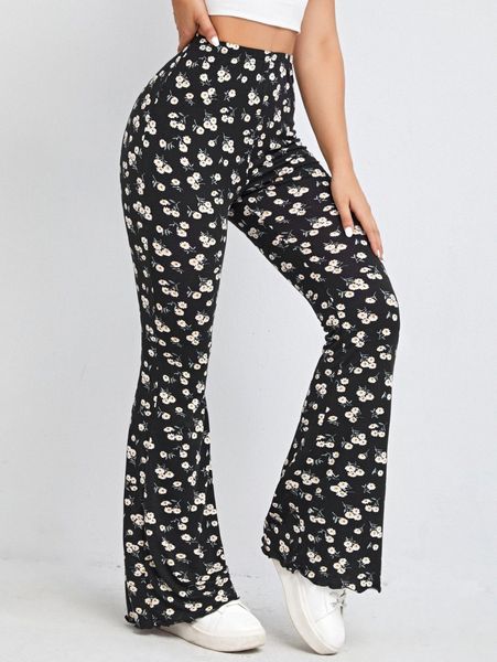 

ditsy floral high waist flare leg pants 97kw#, Black;white