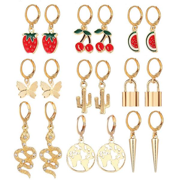 

hoop & huggie 9 pairs/set gold butterfly snake pendants small earrings for women geometric strawberry fruits earings jewelry, Golden;silver