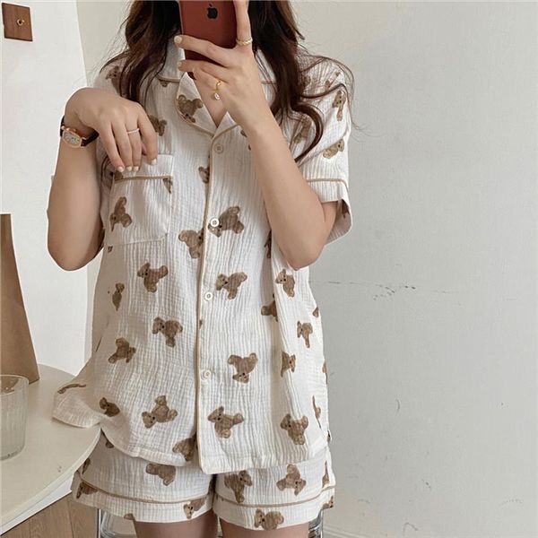 

cartoon print summer pajamas set womens sleepwears korean kawaii single breasted shirts shorts casual cotton home suit pockets bear, Black;red