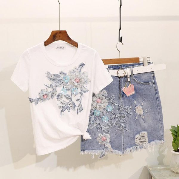 

fashion summer beading embroidery flowers graphic tees women tshirts mill broken hole denim package hip skirt two piece set women's pan, White