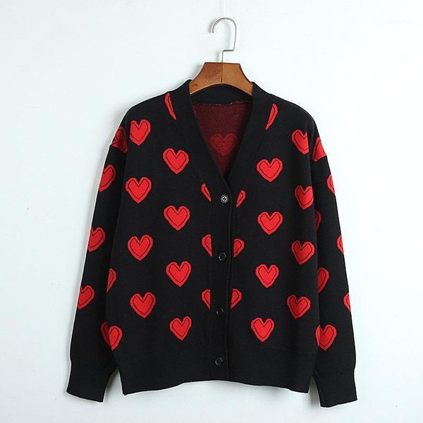

women's knits & tees love heart pattern warm sweater women jackets autumn winter elegant knitting vintage v neck loose thick cardigans, White