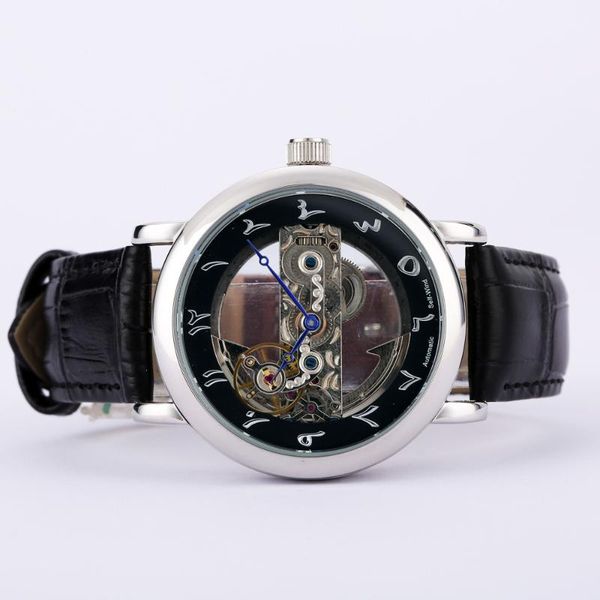 

wristwatches self-wind automatic arabic watches women unique design arabe wristwatch transparent case luxury ladies clocks islamic hours, Slivery;brown