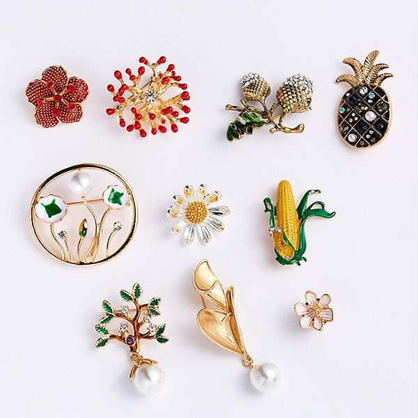 

rinhoo pine nuts brooches for women cute plant corn flower rhinestone brooch pin enamel leaf green color fashion jewelry, Gray