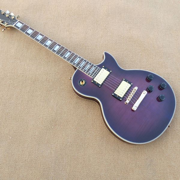 

purple veneer electric guitar with white edges and black smudged gold hardwares