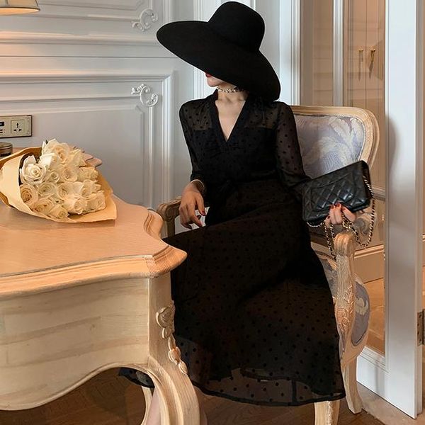 

elegant black bandage dress ladies perspective point female long sleeve v-neck dresses 2021 autumn women vestidos da948 casual, Black;gray