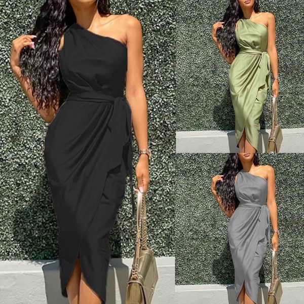 

elegant wedding solid womens dress color irregular slanted shoulder belt slim fit satin, Black;gray