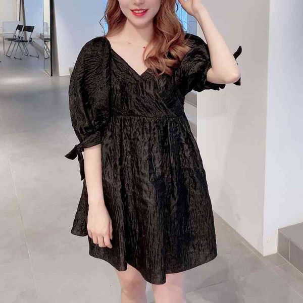 

v neck puff sleeve hook flower mini dresses spring summer soild high waist vestidos japan style sweet kawaii woman dress 210514, Black;gray