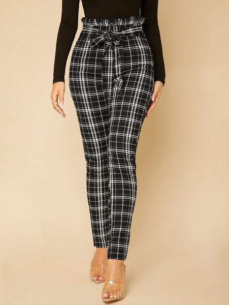 

tall paperbag waist self belted plaid pants u5et#, Black;white