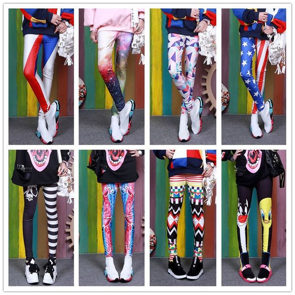 

women's leggings fall printed outer wear stretch printing and dyeing thin fashion trendy candy-colored graffiti trousers 3p76, Black