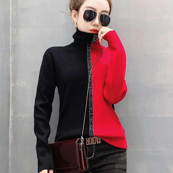 

women's sweaters sweatersautumn and winter foreign style semi color contrast drill high collar with backing shirt women's fashion, White;black